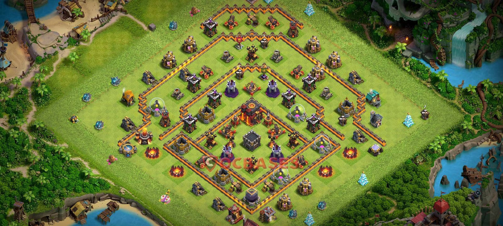 TH10 Anti 3 star Layout 2 - symmetric, anti 3 stars base layout with copy link for Clash of Clans 2026