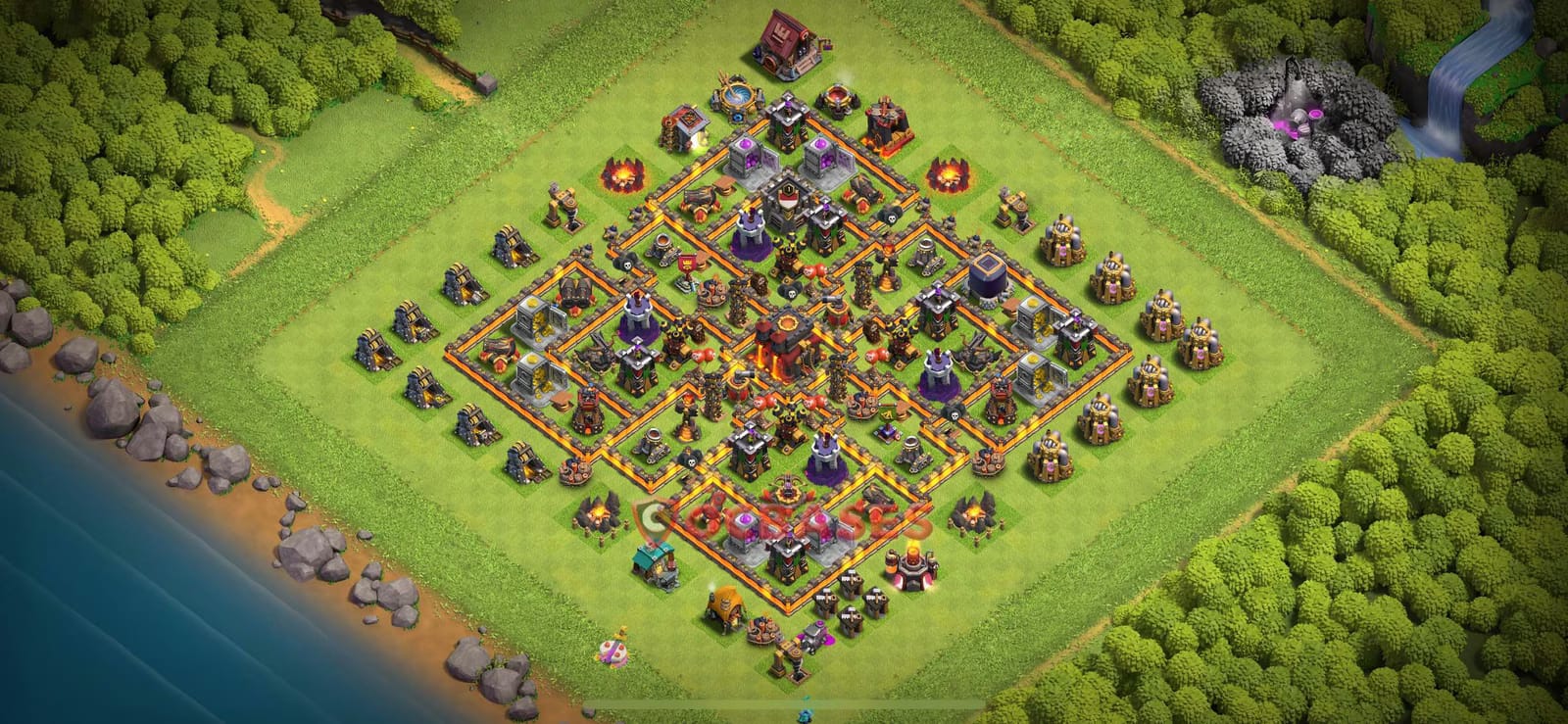 TH10 Anti 3 star Layout 13 - symmetric, anti 3 stars base layout with copy link for Clash of Clans 2026