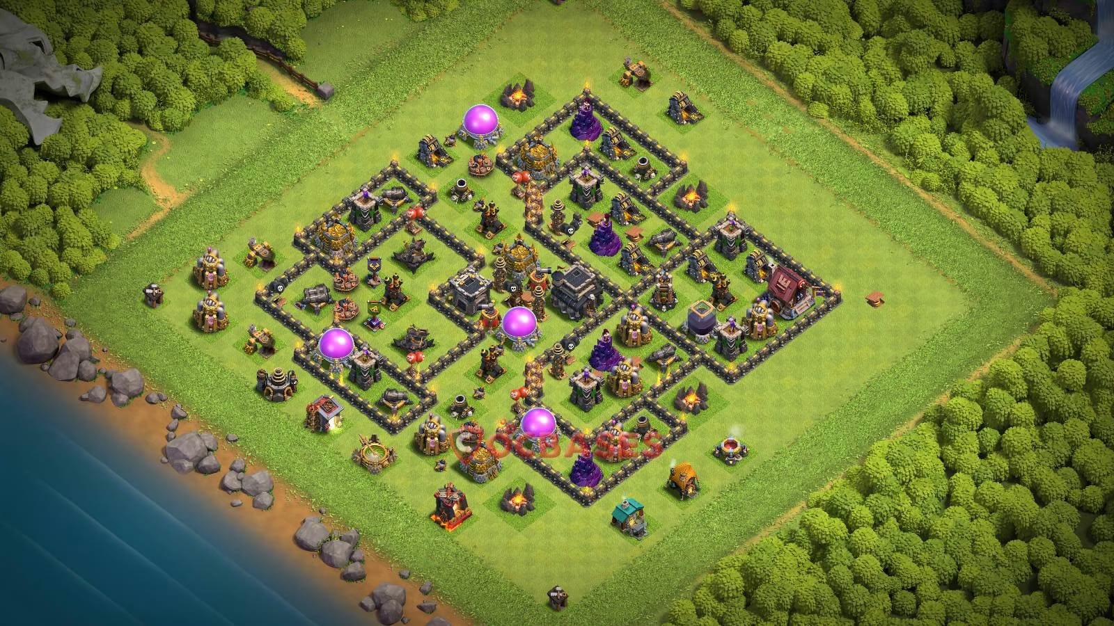 TH9 Anti 3 star Layout 12 - island, anti 3 stars base layout with copy link for Clash of Clans 2026