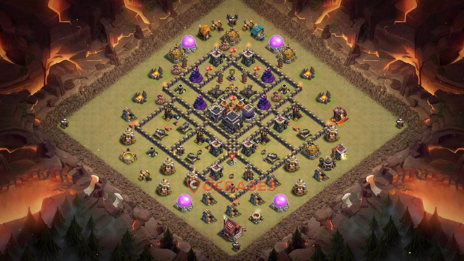 TH9 Trophy Layout 10 - anti air, anti dragon base layout with copy link for Clash of Clans 2026