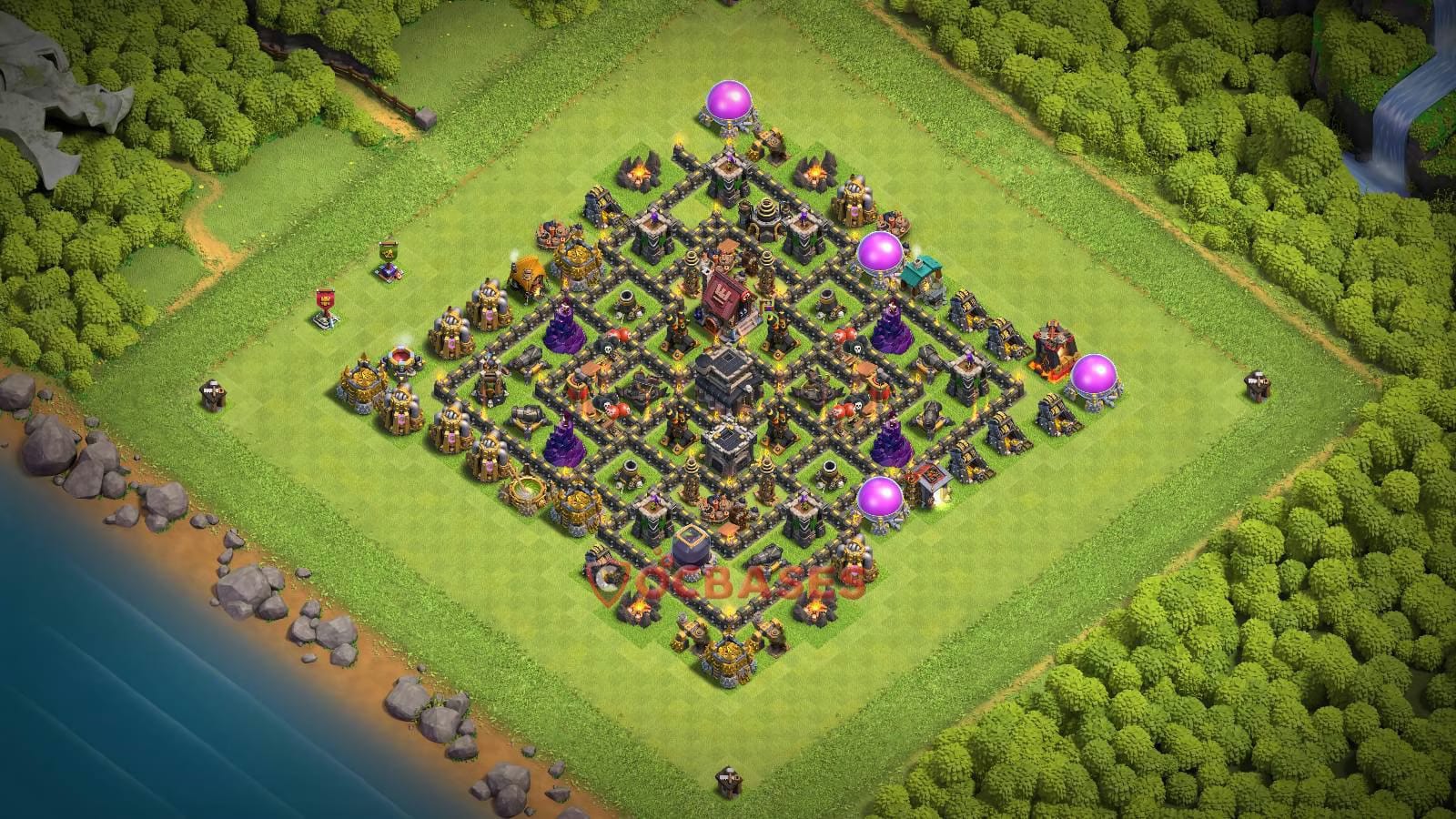 TH9 War Layout 13 - compact base layout with copy link for Clash of Clans 2026